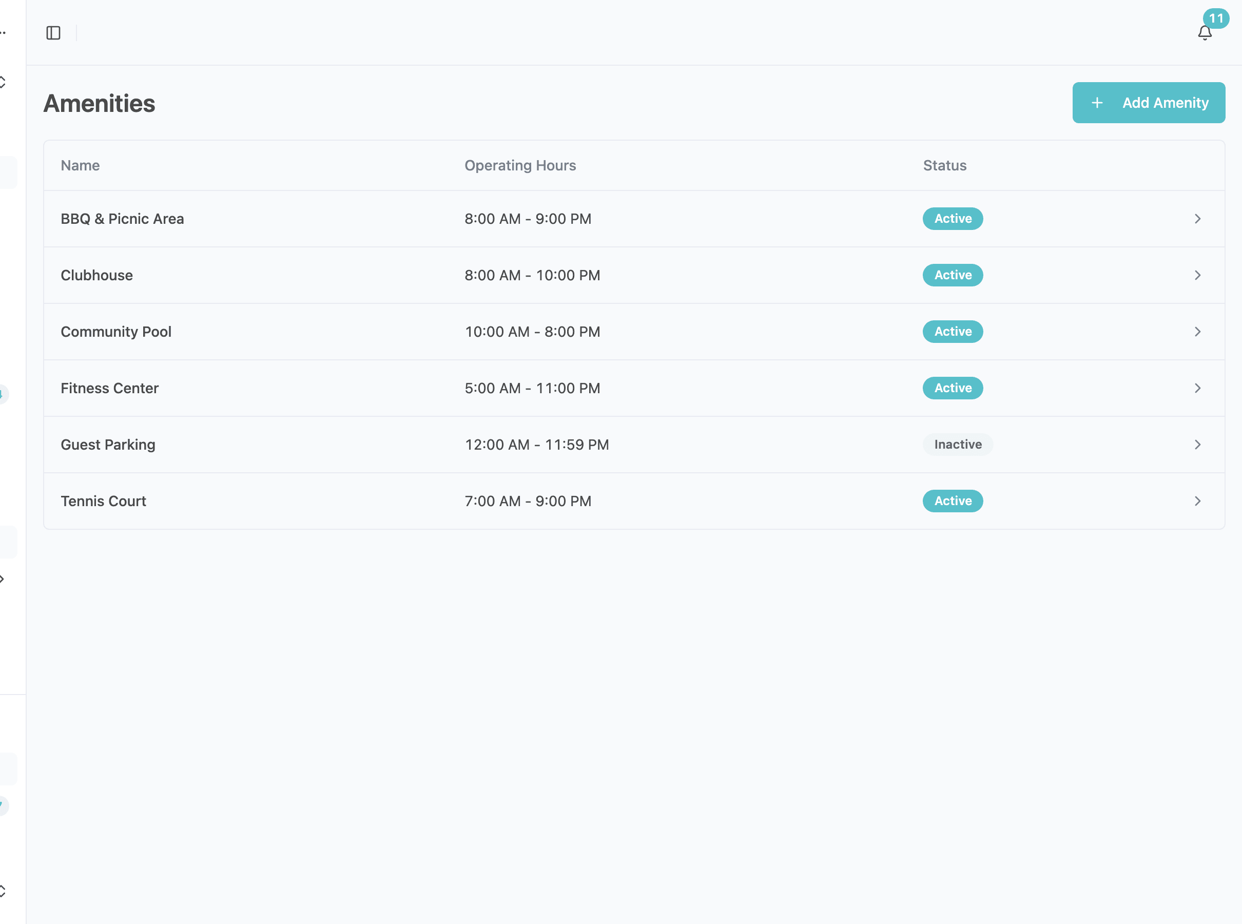 Amenity reservation management screen