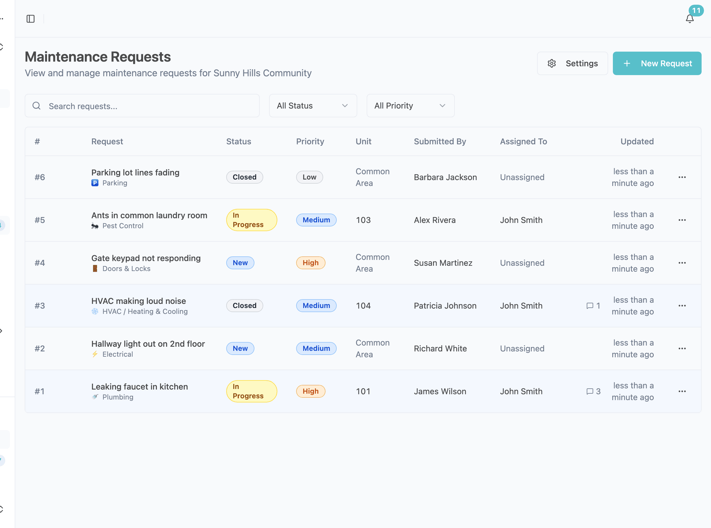 Maintenance request management interface