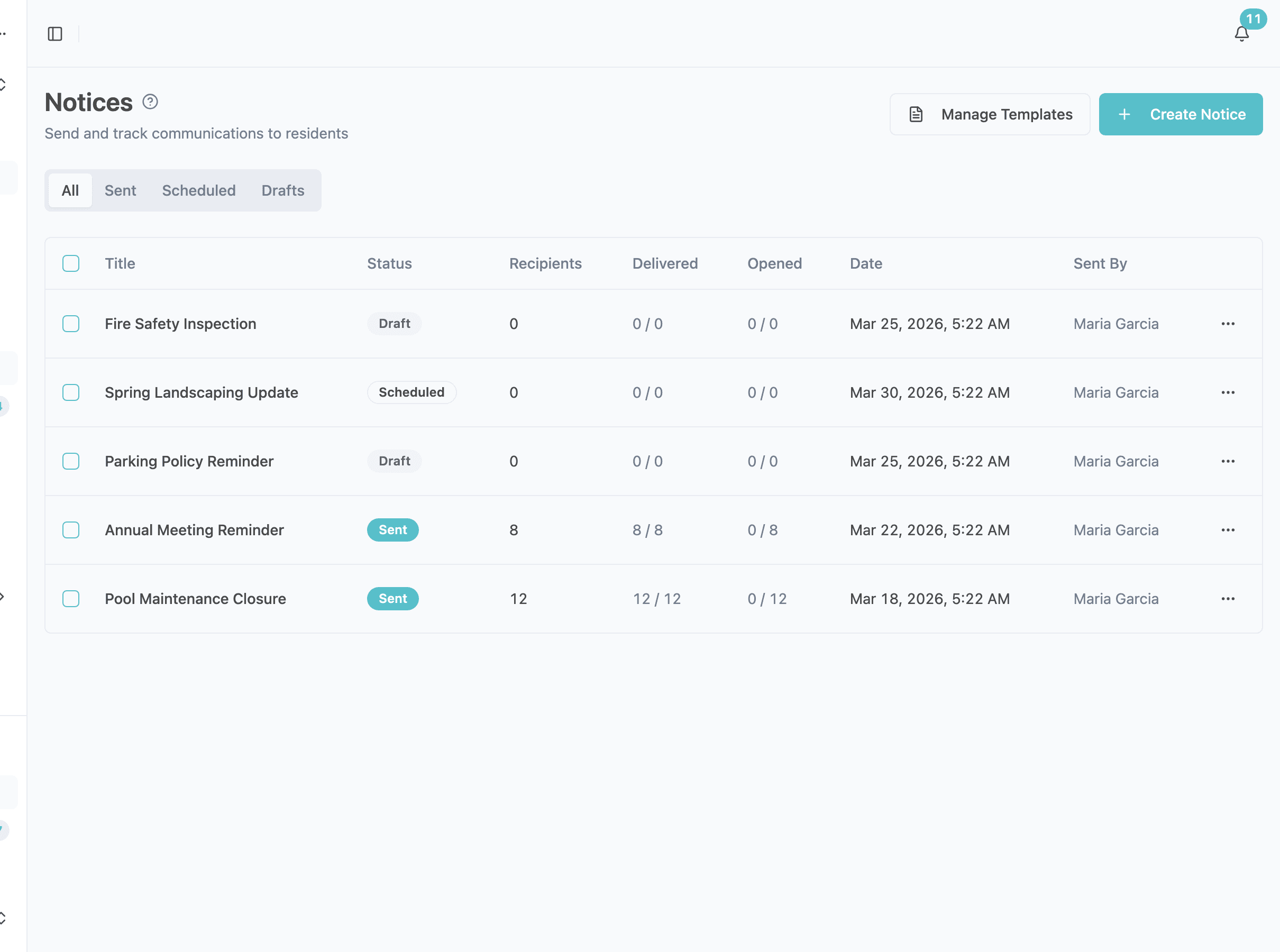 Community notice sent to residents